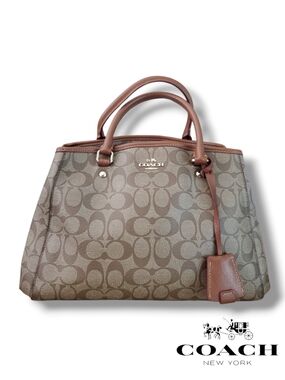 Coach Signature F34608 Margot Brown Canvas Tote Bag with Leather Trim